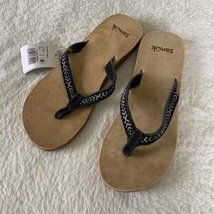 Women's 8 SANUK Fraidy Tribal Black White Hemp Comfort Thong Flip Flop Sandals